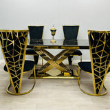 Elina 180cm Gold Dining Table With Posidon High Back Velvet Gold Chairs