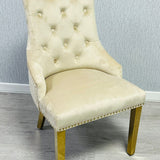 Majestic Cream Gold Ring Knocker Quilted Tufted Plush Velvet Dining Chair Gold Legs-Esme Furnishings