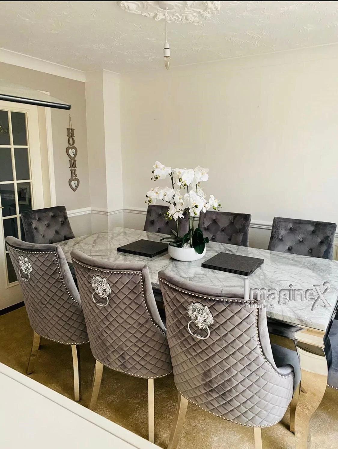 Louis Marble & Chrome Dining Table With Quilted Lion Knocker Velvet Chairs-Esme Furnishings