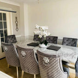 Louis Marble & Chrome Dining Table With Quilted Lion Knocker Velvet Chairs-Esme Furnishings