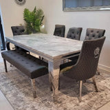 Louis Marble & Chrome Dining Table With Grey Quilted Lion Knocker PU Leather Chairs & Majestic 140cm Grey Bench PU Leather