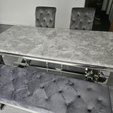 Arianna Marble & Chrome Dining Table With Grey Lucy Slim Quilted Lion Knocker Velvet Chairs + Grey Arianna Bench