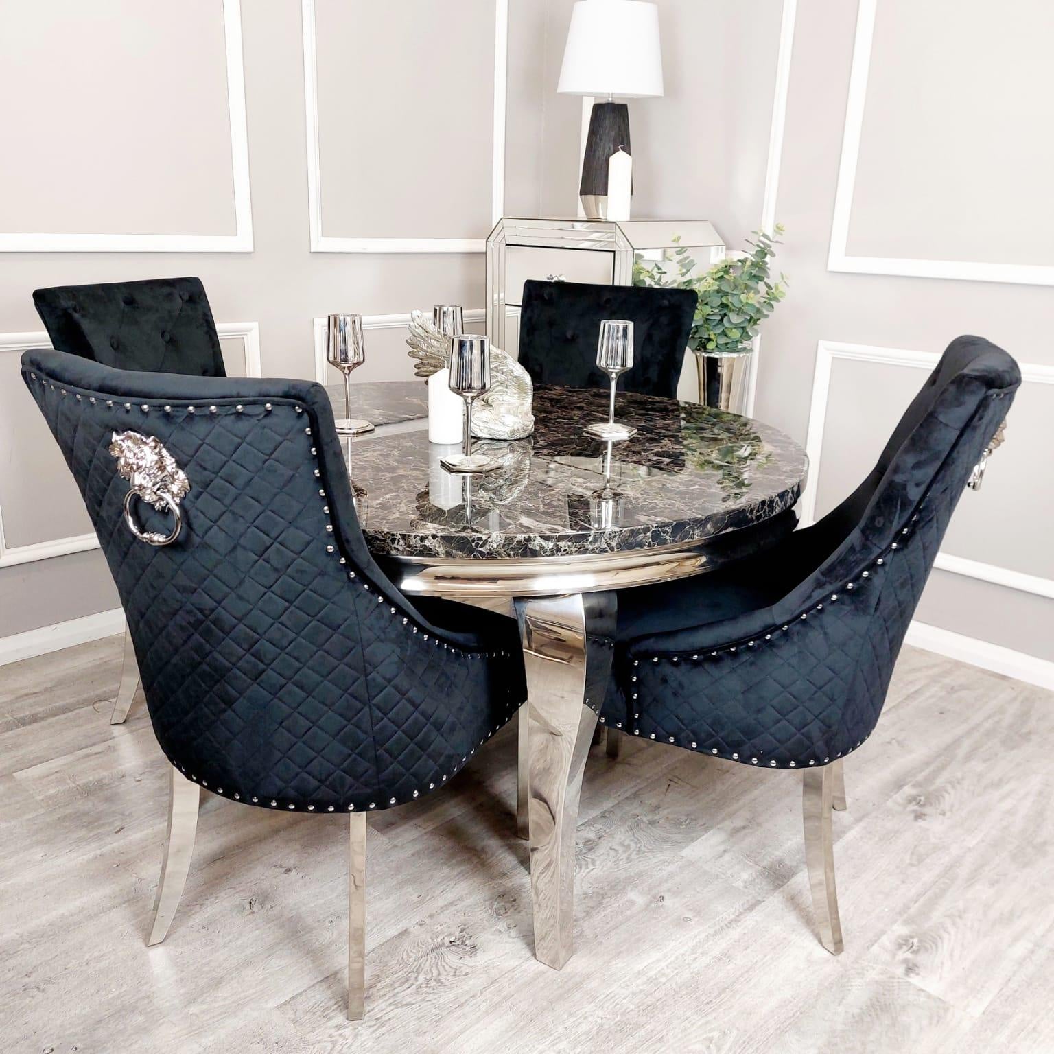 Louis Black Marble 130cm Round Dining Table + Black Lion Knocker Plush Velvet Chairs-Esme Furnishings