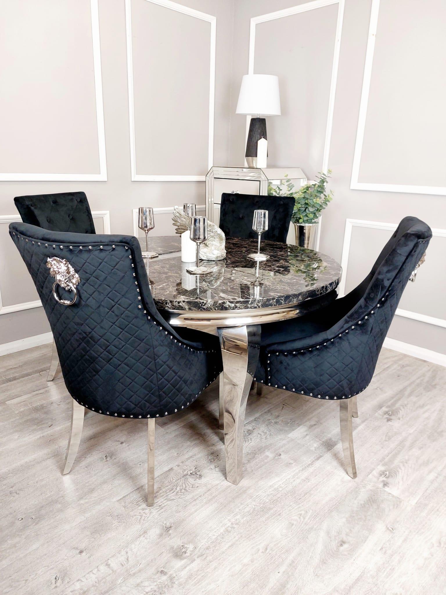 Louis Black Marble 130cm Round Dining Table + Black Lion Knocker Plush Velvet Chairs-Esme Furnishings