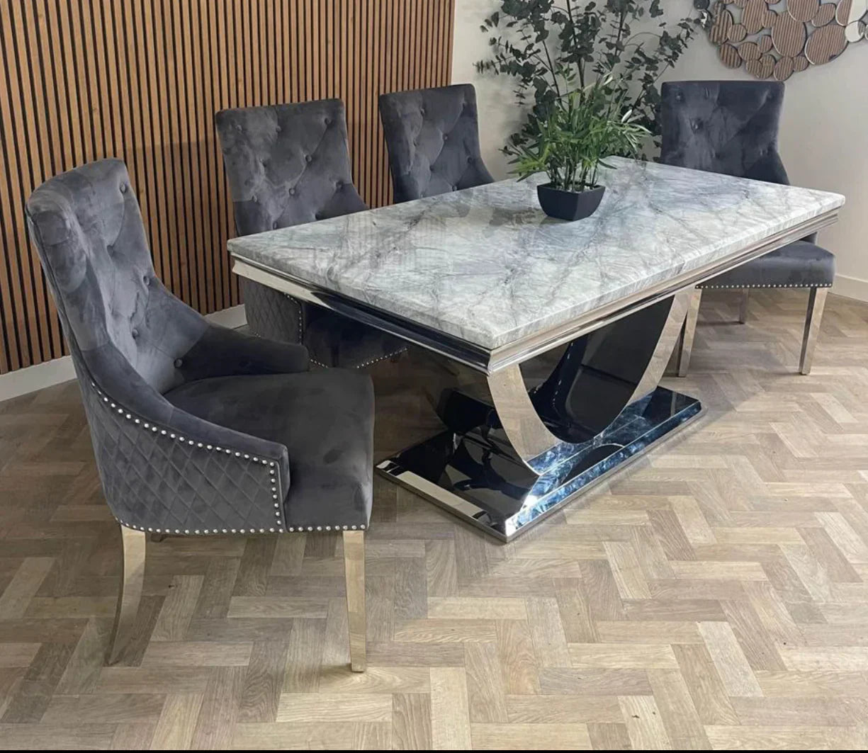 Denver Marble & Chrome Dining Table With Lion Knocker Quilted Velvet Chairs - Belmont Interiors