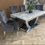 Denver Marble & Chrome Dining Table With Lion Knocker Quilted Velvet Chairs - Belmont Interiors