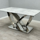 Aria 180cm Grey Marble & Chrome Dining Table With Majestic PU Leather Lion Knocker Dining Chairs