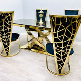 Elina 180cm Gold Dining Table With Posidon High Back Velvet Gold Chairs