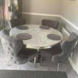 Chelsea 130cm Grey Marble Round Dining Table + Valentino Grey Plush Velvet Lion Button Chairs-Esme Furnishings