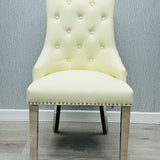 Majestic Lion Knocker Quilted PU Cream White Leather Dining Chair Chrome Legs