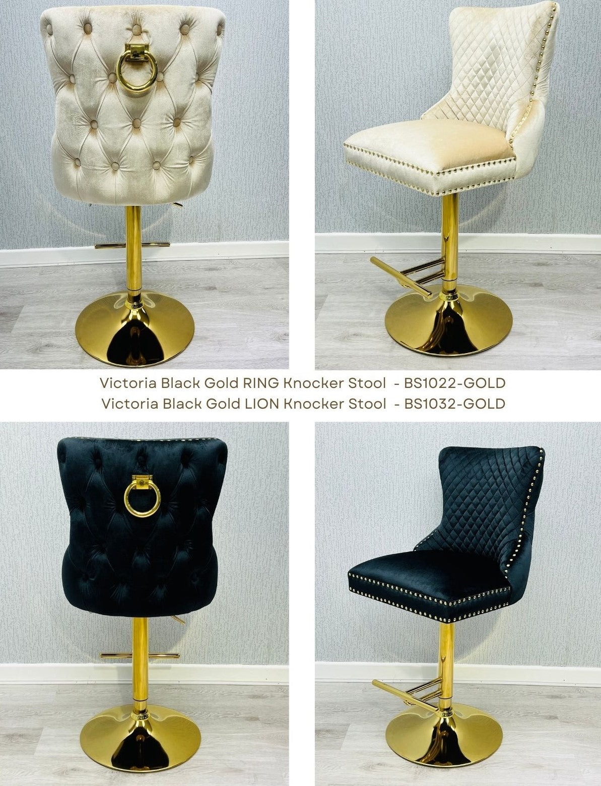 Victoria Cream Gold Ring Knocker Quilted Back Plush Velvet Gold Bar Stool - Belmont Interiors