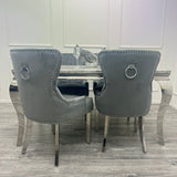 Louis Marble & Chrome Dining Table With Megan Chrome Ring Knocker Velvet Chairs