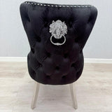 Victoria Black Chrome Lion Knocker Button Back Plush Velvet Chairs - Pairs