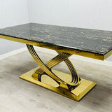 Elina 180cm Gold Dining Table With Posidon High Back Velvet Gold Chairs