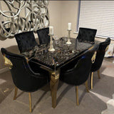 Louis Black/Gold Marble Dining Table With Gold Lion Knocker Velvet Chairs - Belmont Interiors