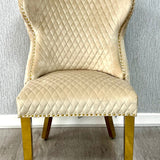 Valentino Gold Lion Knocker Plush Velvet Button Back Dining Chair Gold Legs - 2 Colours