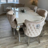 Louis Marble & Chrome Dining Table With Valentino Lion Knocker Velvet Chairs