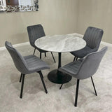 Bentley 90cm Gold/Grey Ceramic Marble Round Dining Table With Black Base + Roco 360º Grey Velvet Dining Chairs