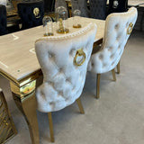 Louis Gold Cream Marble Dining Table With Shimmer Gold Ring Knocker Dining Chairs