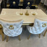 Louis Gold Cream Marble Dining Table With Shimmer Gold Ring Knocker Dining Chairs