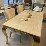 Louis Gold Cream Marble Dining Table With Shimmer Gold Ring Knocker Dining Chairs