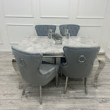 Louis Marble & Chrome Dining Table With Megan Chrome Ring Knocker Velvet Chairs