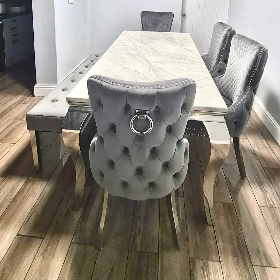 Louis Marble 180CM Dining Table + Victoria Grey Ring Chairs, Bench Option - Belmont Interiors