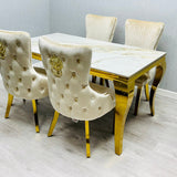 Louis Gold 150cm Ceramic Marble Cream Gold Dining Table With Shimmer Gold Lion Knocker Dining Chairs