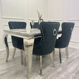 Louis Marble & Chrome Dining Table With Megan Chrome Ring Knocker Velvet Chairs