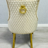 Majestic Cream Gold Ring Knocker Quilted Tufted Plush Velvet Dining Chair Gold Legs-Esme Furnishings