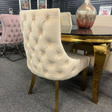 Louis 130cm Gold Round Marble Dining Table + Kensington Cream/Gold Velvet Dining Chairs - Belmont Interiors