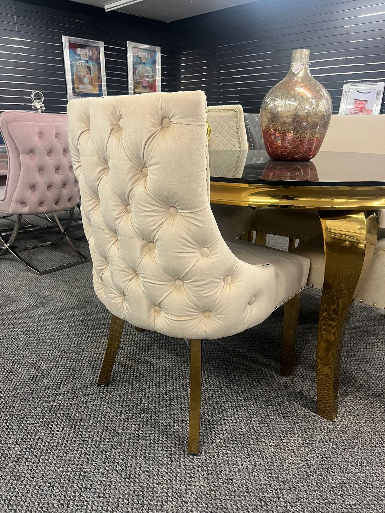 Louis 130cm Gold Round Marble Dining Table + Kensington Cream/Gold Velvet Dining Chairs - Belmont Interiors