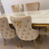 Louis Gold & White Marble Dining Table With Cream & Gold Ring Knocker Dining Chairs