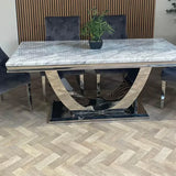 Denver Marble & Chrome Dining Table With Lion Knocker Quilted Velvet Chairs - Belmont Interiors