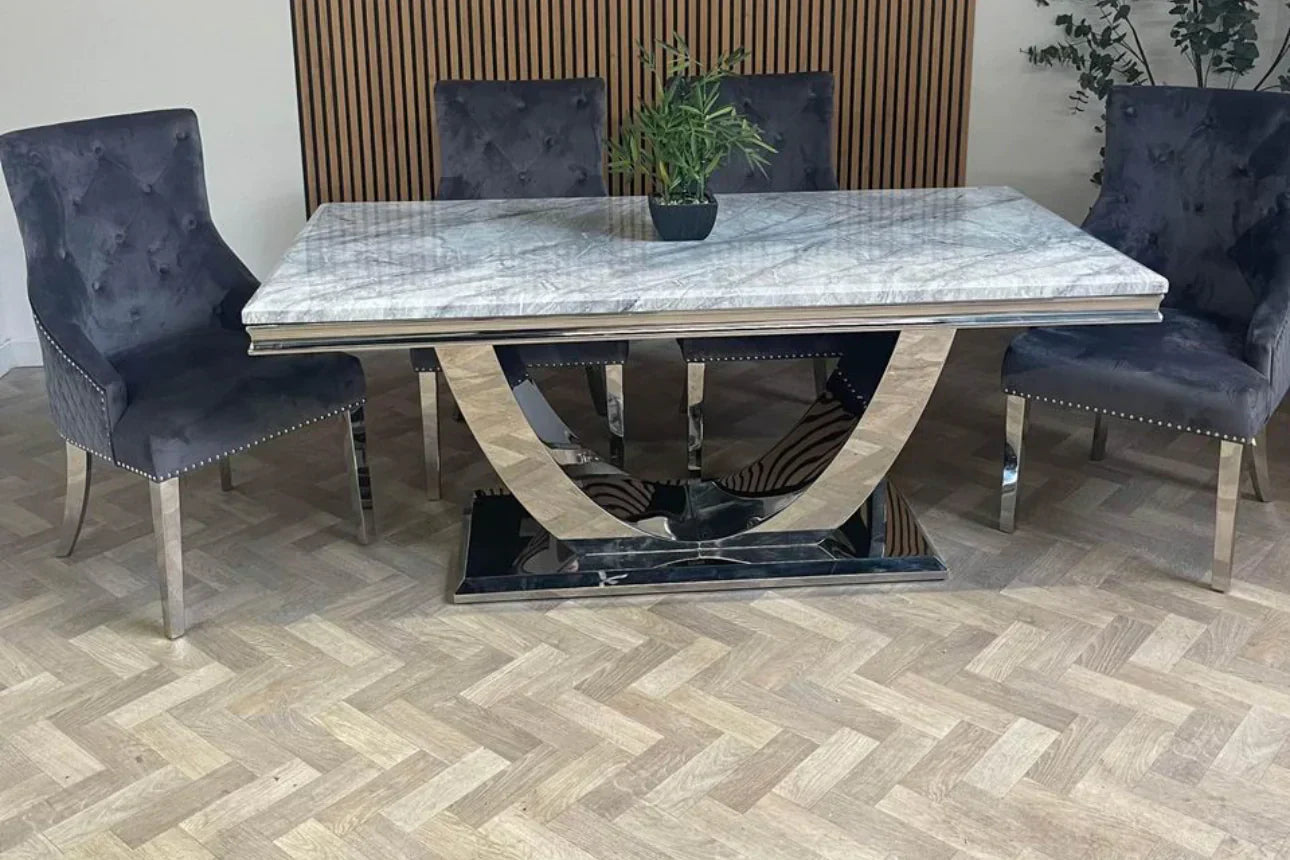 Denver Marble & Chrome Dining Table With Lion Knocker Quilted Velvet Chairs - Belmont Interiors