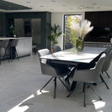 Phoenix 160-240cm White Ceramic Marble Extending Table + Grey Velvet Swivel Dining Chairs-Esme Furnishings