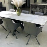 Phoenix 160-240cm White Ceramic Marble Extending Table + Grey Velvet Swivel Dining Chairs-Esme Furnishings