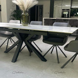 Phoenix 160-240cm White Ceramic Marble Extending Table + Grey Velvet Swivel Dining Chairs-Esme Furnishings