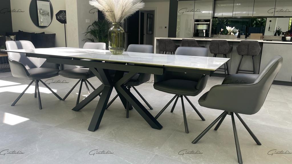 Phoenix 160-240cm White Ceramic Marble Extending Table + Grey Velvet Swivel Dining Chairs-Esme Furnishings