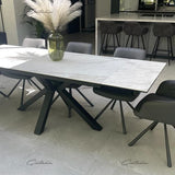 Phoenix 160-240cm White Ceramic Marble Extending Table + Grey Velvet Swivel Dining Chairs-Esme Furnishings