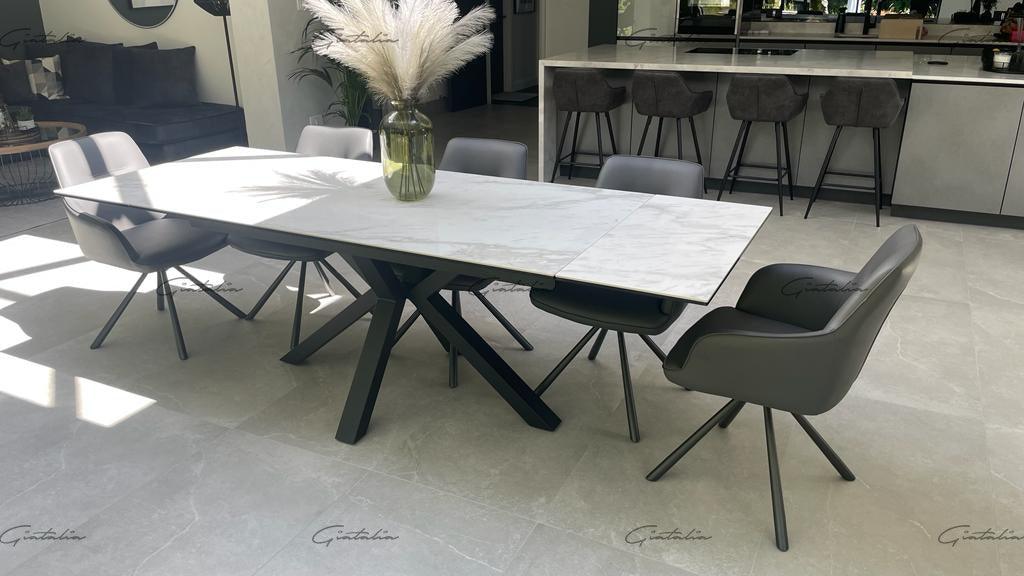 Phoenix 160-240cm White Ceramic Marble Extending Table + Grey Velvet Swivel Dining Chairs-Esme Furnishings