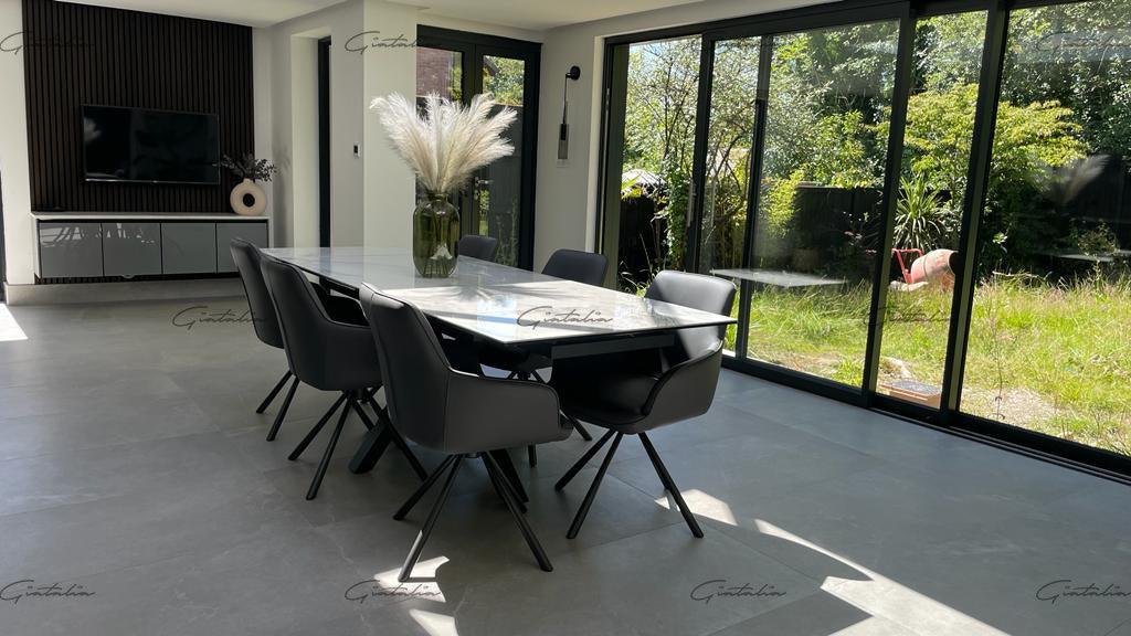 Phoenix 160-240cm White Ceramic Marble Extending Table + Grey Velvet Swivel Dining Chairs-Esme Furnishings