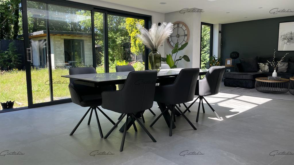 Phoenix 160-240cm White Ceramic Marble Extending Table + Grey Velvet Swivel Dining Chairs-Esme Furnishings