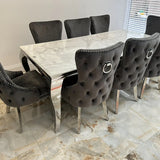 Louis White Marble & Chrome Dining Table With Victoria Ring Knocker Grey Velvet Chairs