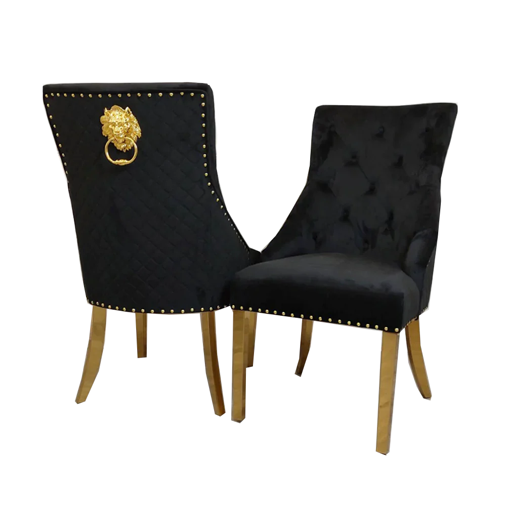 Majestic Gold Lion Knocker Quilted Tufted Plush Velvet Dining Chair Gold Legs - 3 Colours-Esme Furnishings