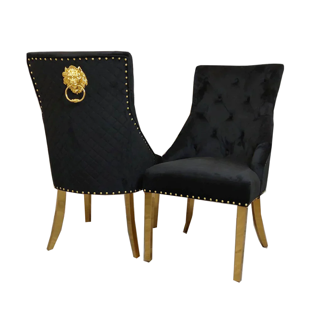 Louis Black/Gold Marble Dining Table With Gold Lion Knocker Velvet Chairs - Belmont Interiors