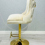 Valentino Cream Gold Lion  Knocker Quilted Back Plush Velvet Gold Bar Stool