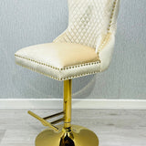 Valentino Cream Gold Lion  Knocker Quilted Back Plush Velvet Gold Bar Stool