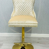 Valentino Cream Gold Lion  Knocker Quilted Back Plush Velvet Gold Bar Stool