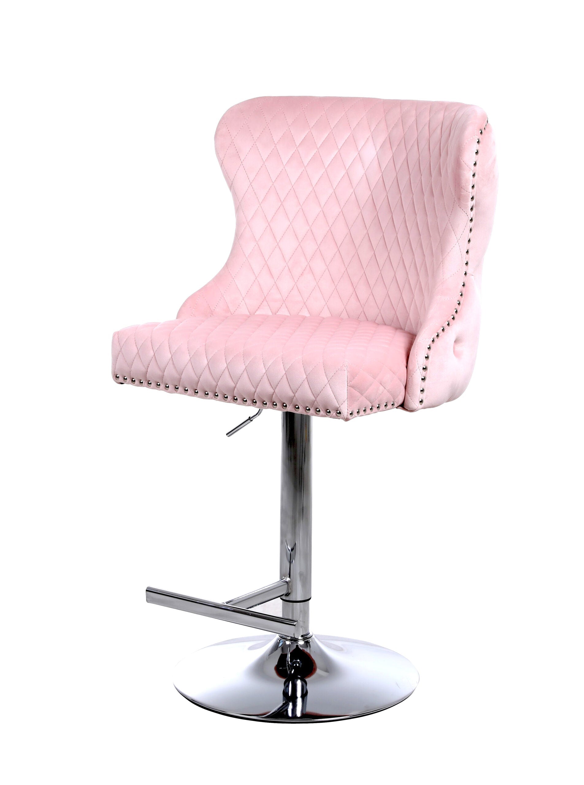 Valentino Pink Lion Knocker Quilted Back Plush Velvet Chrome Bar Stool - Belmont Interiors